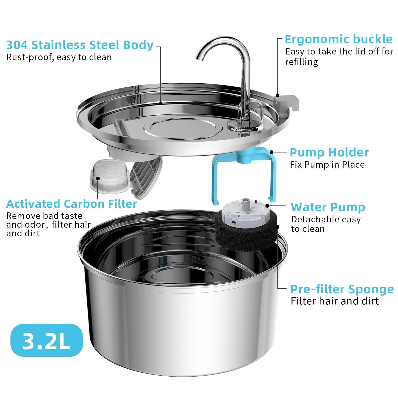 Pet Stainless Steel Automatic Water Fountain — 3.2L, Multiple Styles