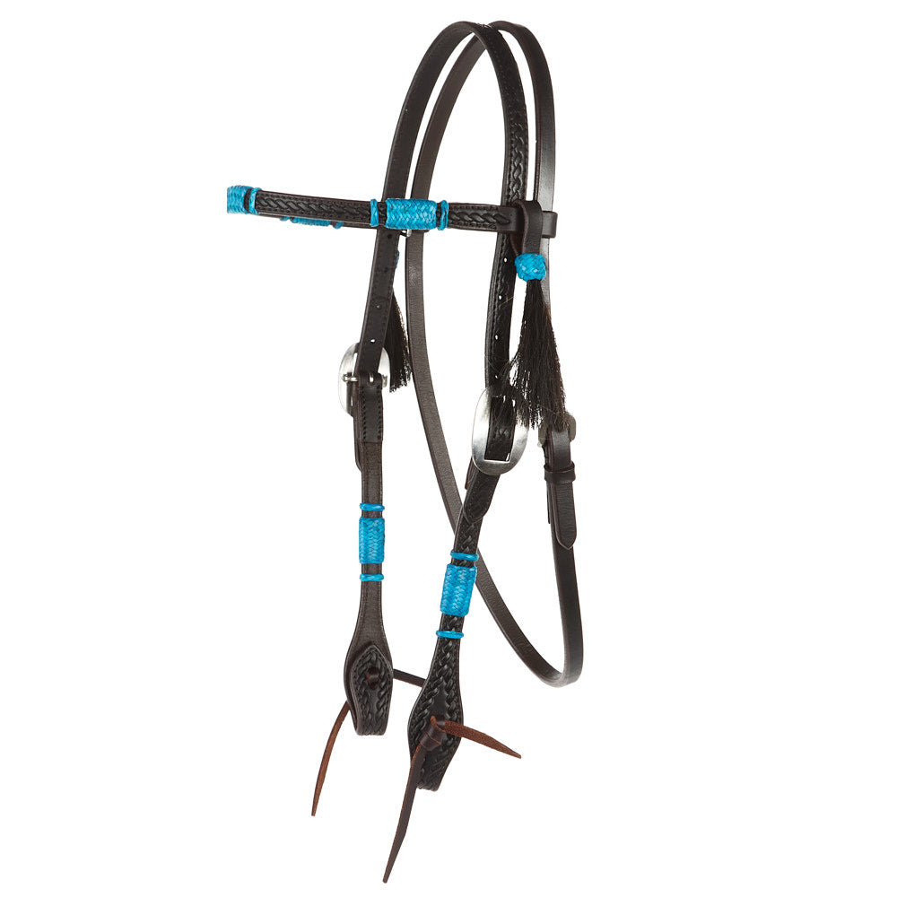 WD-RRSBH-T Turquoise Rawhide Rope Tooled Browband Headstall