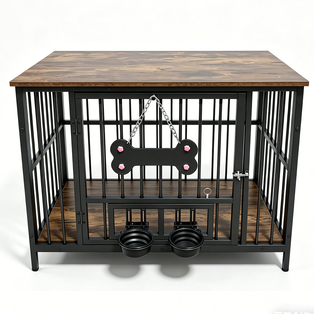 Vintage Wood Grain Dog Cage with Rotating Bowl