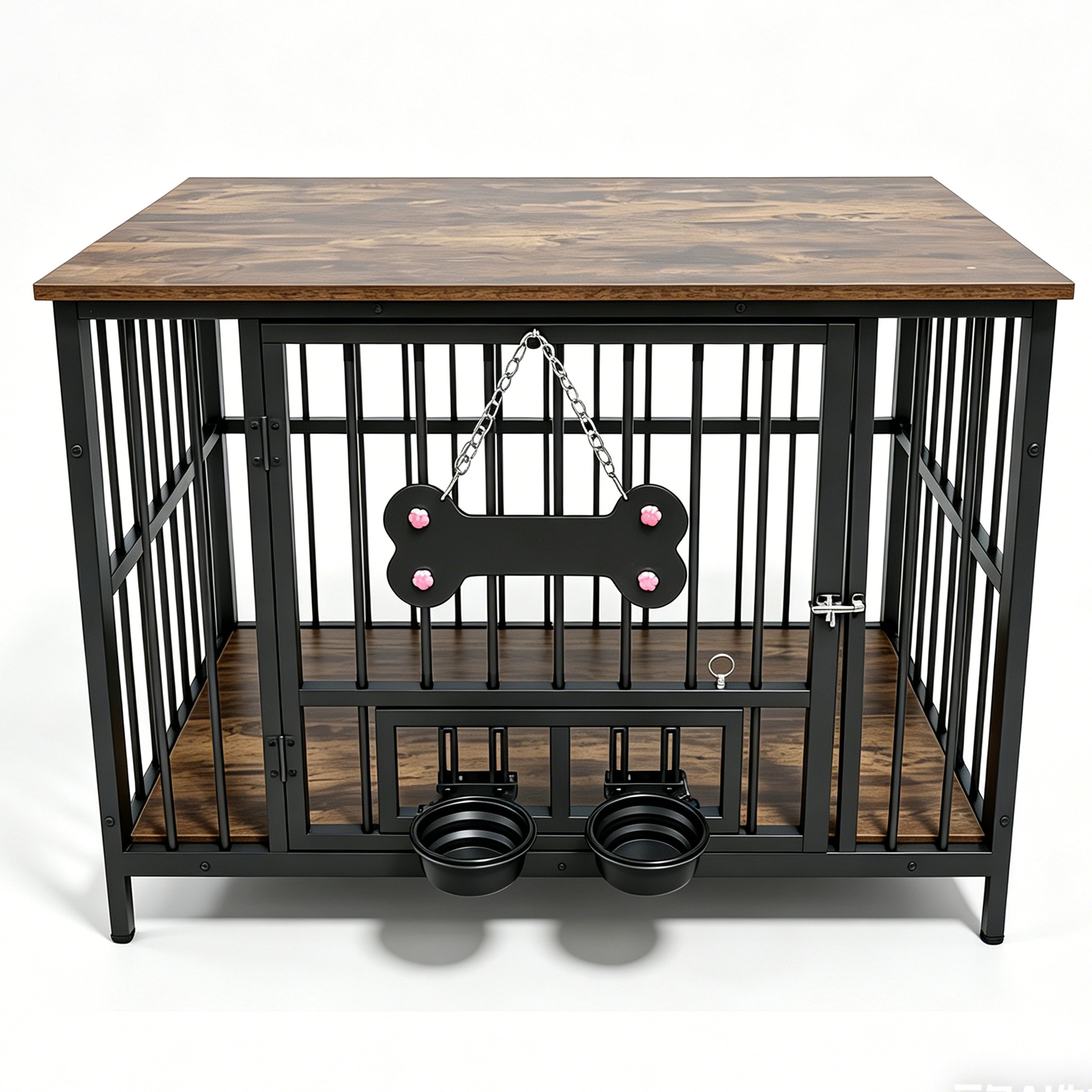 Vintage Wood Grain Dog Cage with Rotating Bowl