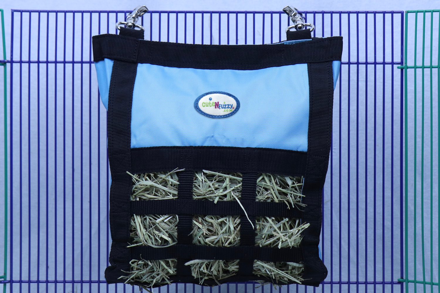 CuteNFuzzy Rabbit & Guinea Pig Hay Bag Feeder with Super Tough Bottom® Design | 15 Feeding Openings | Small 10" x 11" x 3" Hanging Hay Feeder | Less Waste, Cleaner Cage | Made in USA Design