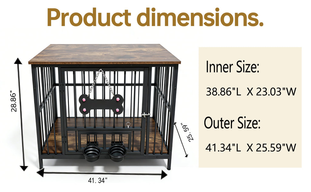 Vintage Wood Grain Dog Cage with Rotating Bowl
