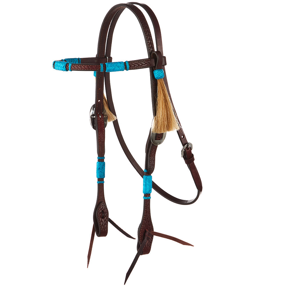 WD-RRSBH-T Turquoise Rawhide Rope Tooled Browband Headstall