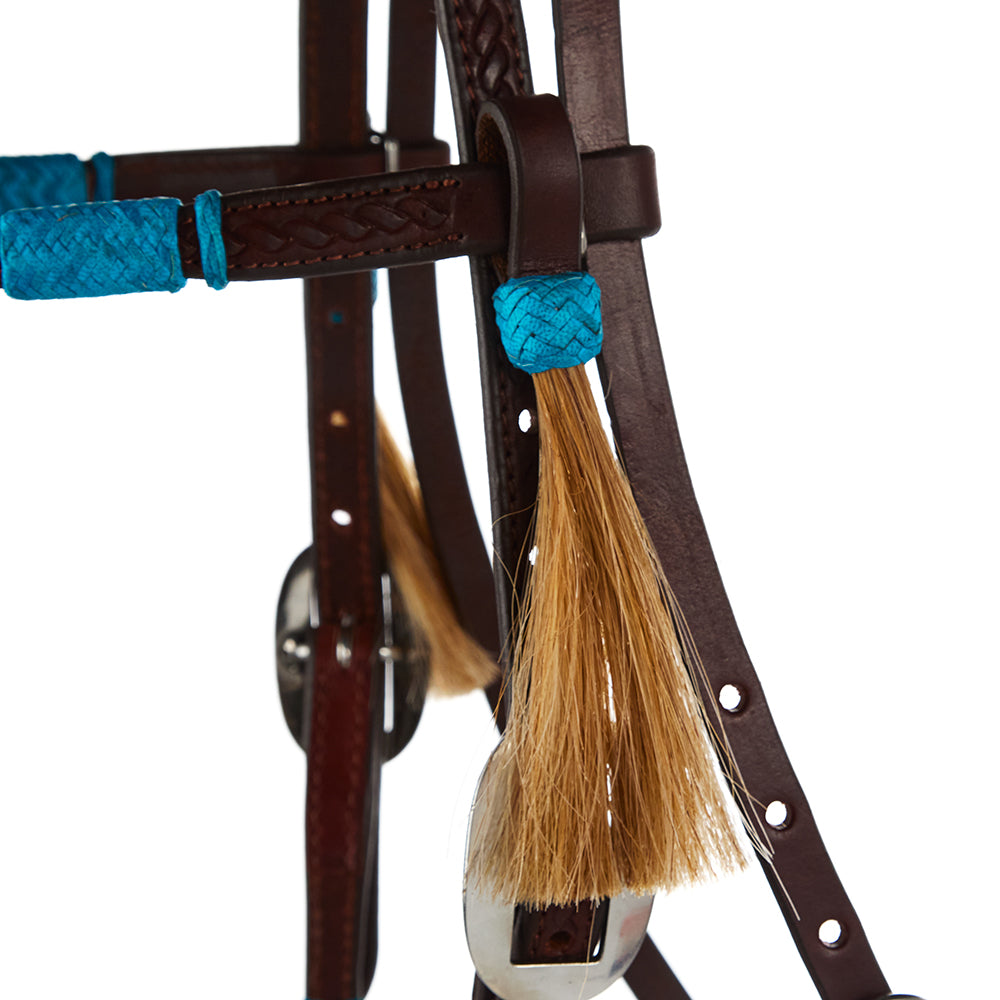 WD-RRSBH-T Turquoise Rawhide Rope Tooled Browband Headstall