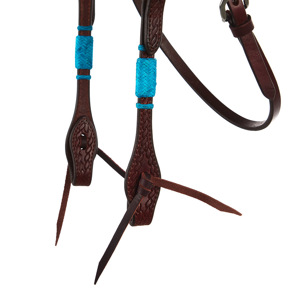 WD-RRSBH-T Turquoise Rawhide Rope Tooled Browband Headstall