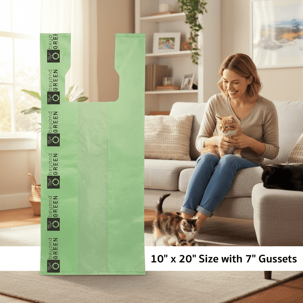 Large Cat Litter Bags – 10" x 20" with 7" Gusset & Handles | Heavy-Duty | Made in USA | beyondGREEN